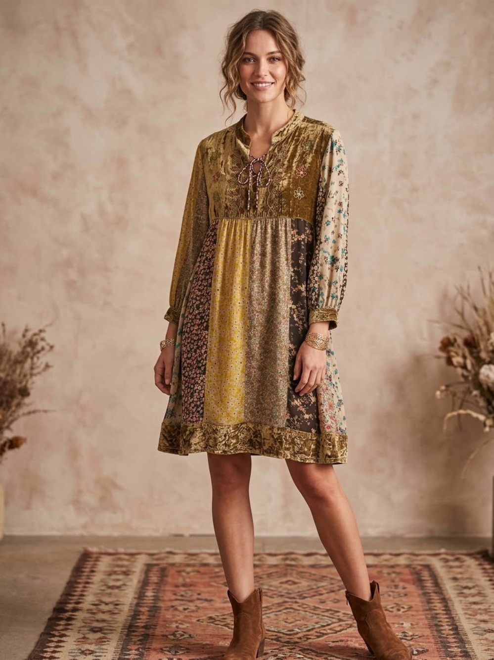 Young Threds Boho Velvet-Trim Patchwork knee length Dress in Olive size L